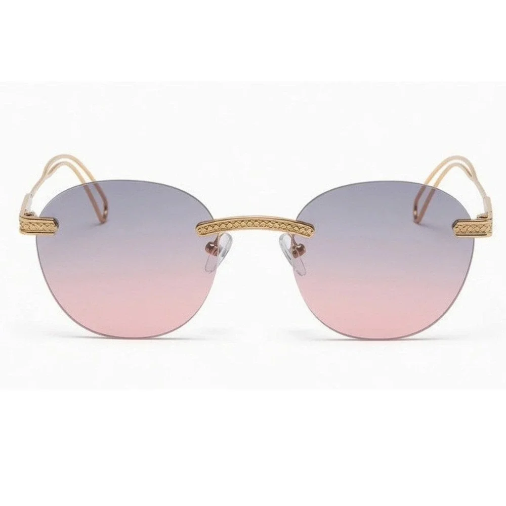 Mens‎ Rimless Round Sunglasses Gold Engraved Metal Purple Pink Gradient Lenses